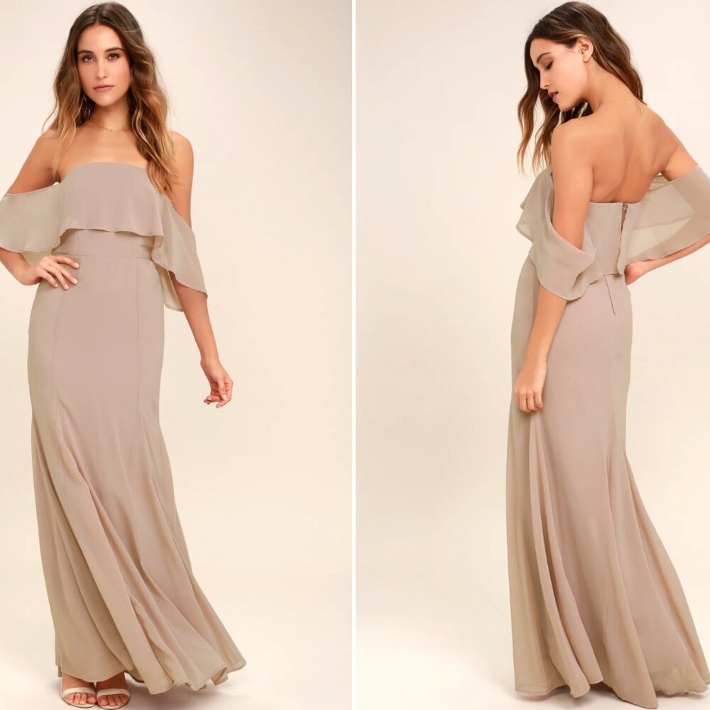 LIKE NEW Lulu's Taupe Off-the-Shoulder Maxi Dress